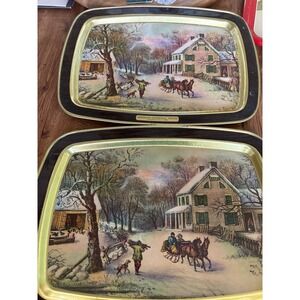 Pair American Homestead Winter Charles Wysocki Metal Serving‎ Trays Vintage